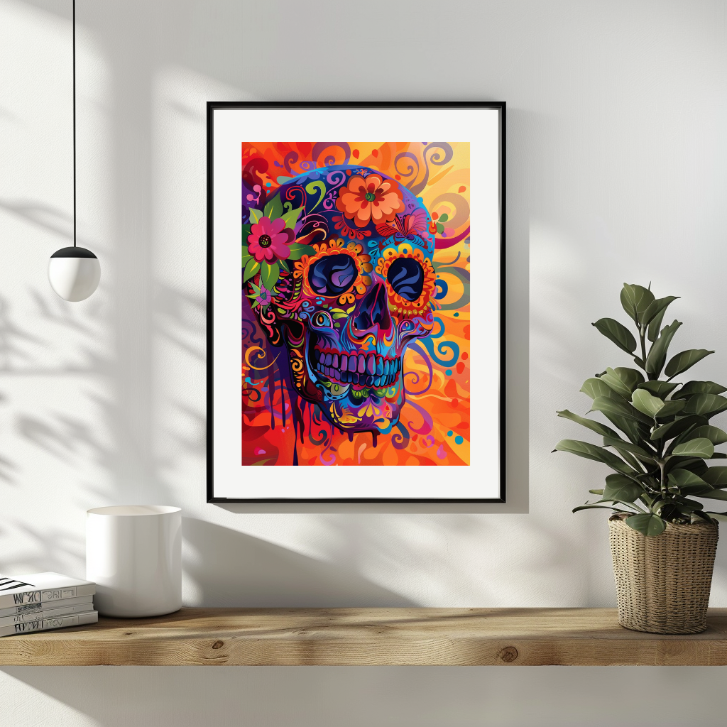 Cuadro Colorido Moderno Con Marco Calavera Mexicana