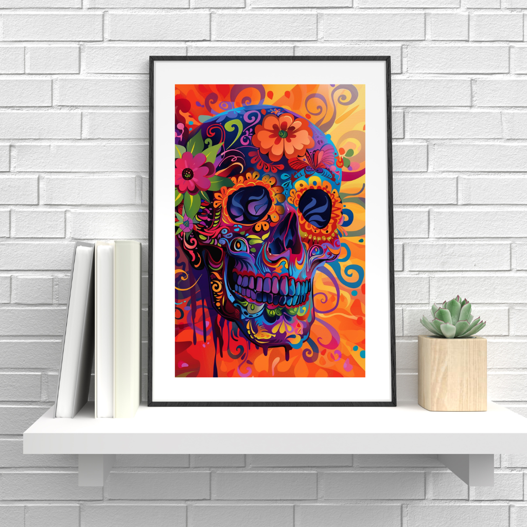 Cuadro Colorido Moderno Con Marco Calavera Mexicana