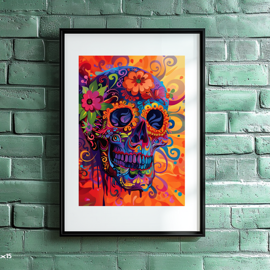 Cuadro Colorido Moderno Con Marco Calavera Mexicana