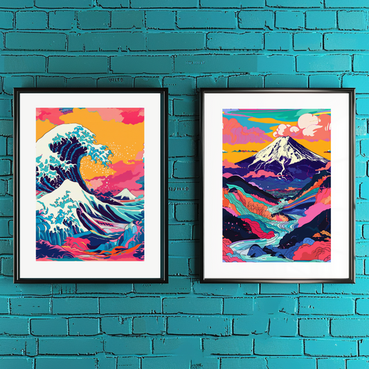 Conjunto de Cuadros Modernos y Coloridos Monte Fuji y Ola Kanagawa