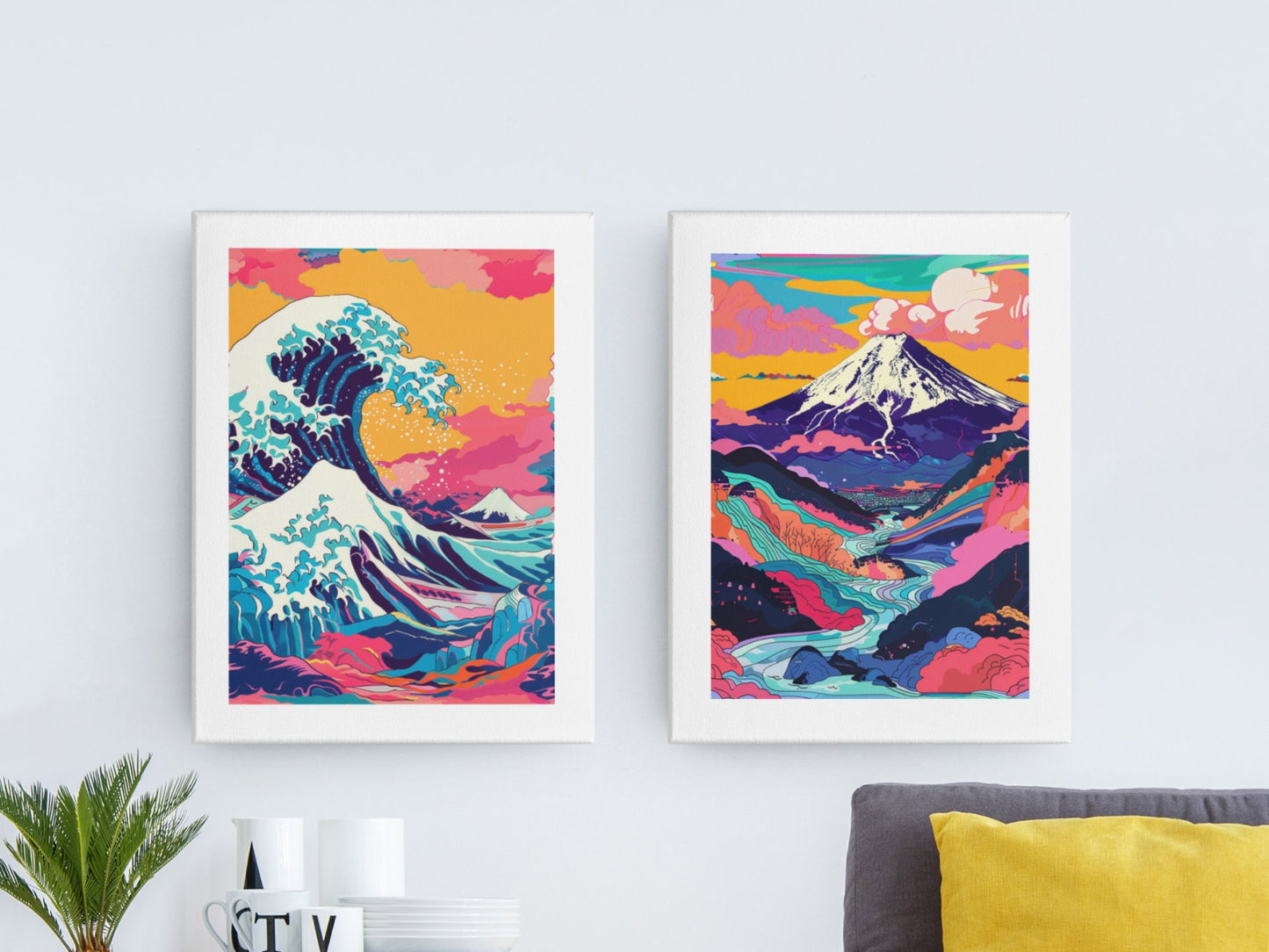 Conjunto de Cuadros Modernos y Coloridos Monte Fuji y Ola Kanagawa